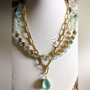 Green Opal Crystal and Glass Flowers in  Multi strand  Paperclip Necklace